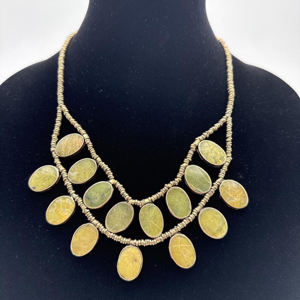 Vintage Goldtone Afghan Beaded Necklace W/ 15 Natural Oval Stone